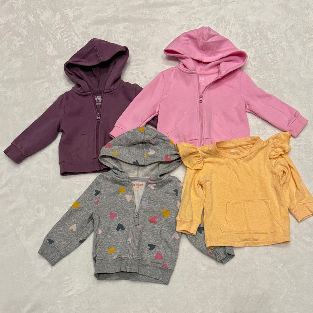 12 Month Girls' Heart Print & Solid Hoodies + Orange Ruffle Top - Lot of 4